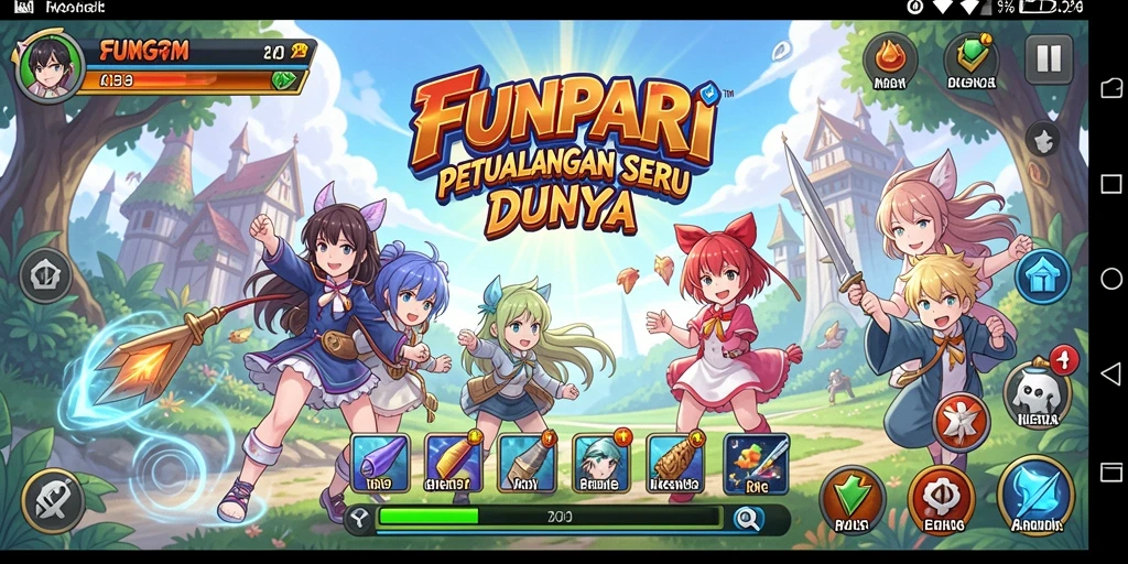 Screenshot gameplay FUNPARI yang menampilkan karakter anime dalam pertempuran.