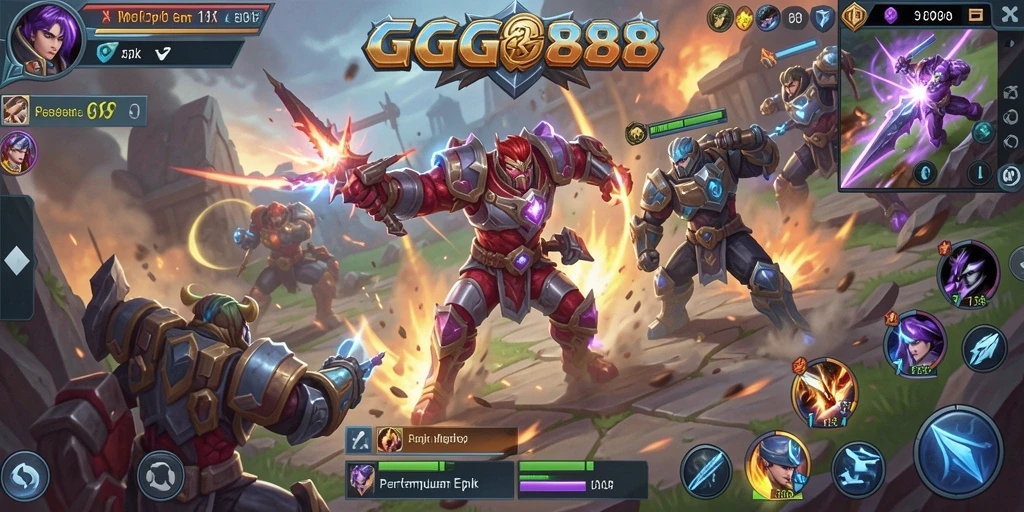 Screenshot gameplay GGG888 menampilkan pertempuran tim yang intens.