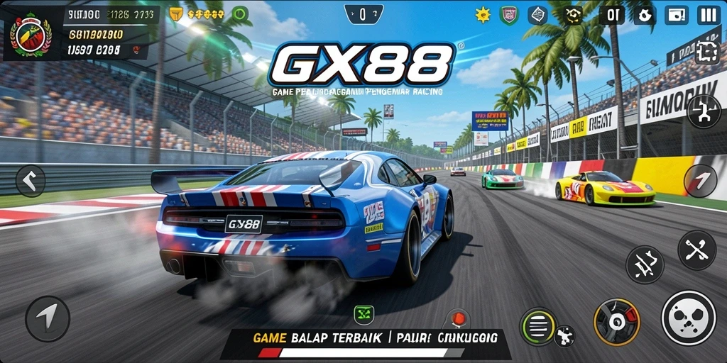 Screenshot utama GX88 menampilkan aksi balap yang memukau di lintasan.