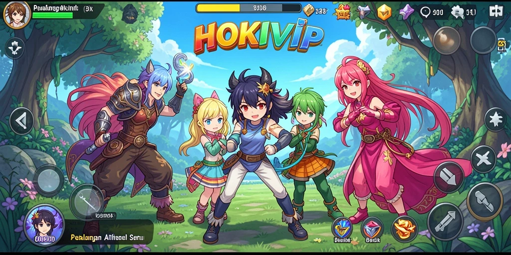 Tangkapan layar HOKIVIP menampilkan aksi dan karakter anime dalam permainan.