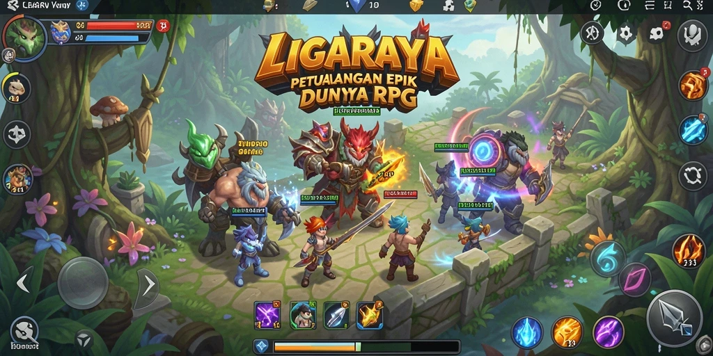 Tangkapan layar LIGARAYA menampilkan pertarungan epik dan eksplorasi dunia RPG.