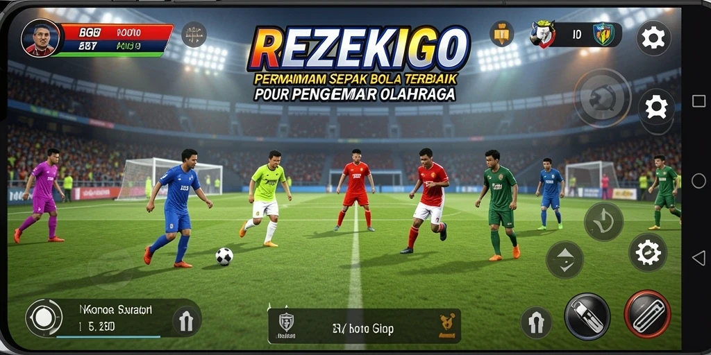 Tangkapan layar gameplay REZEKIGO yang menunjukkan aksi seru sepak bola.