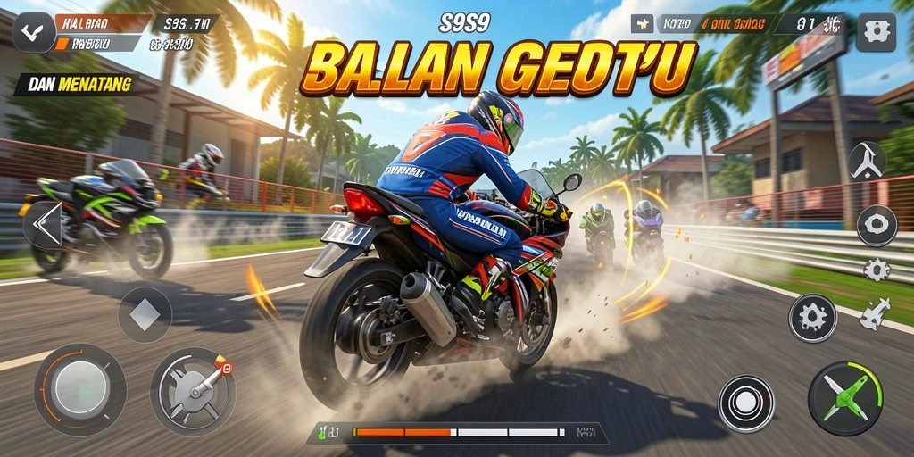 Screenshot gameplay S9S9 dengan balapan motor yang mendebarkan.