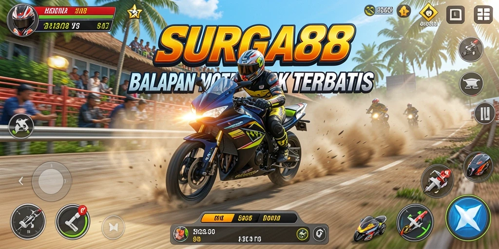 Screenshot utama SURGA88 menampilkan aksi balapan motor yang seru dan menegangkan.